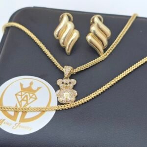 Cadena con dije 10k y Aretes cierre omega 10k